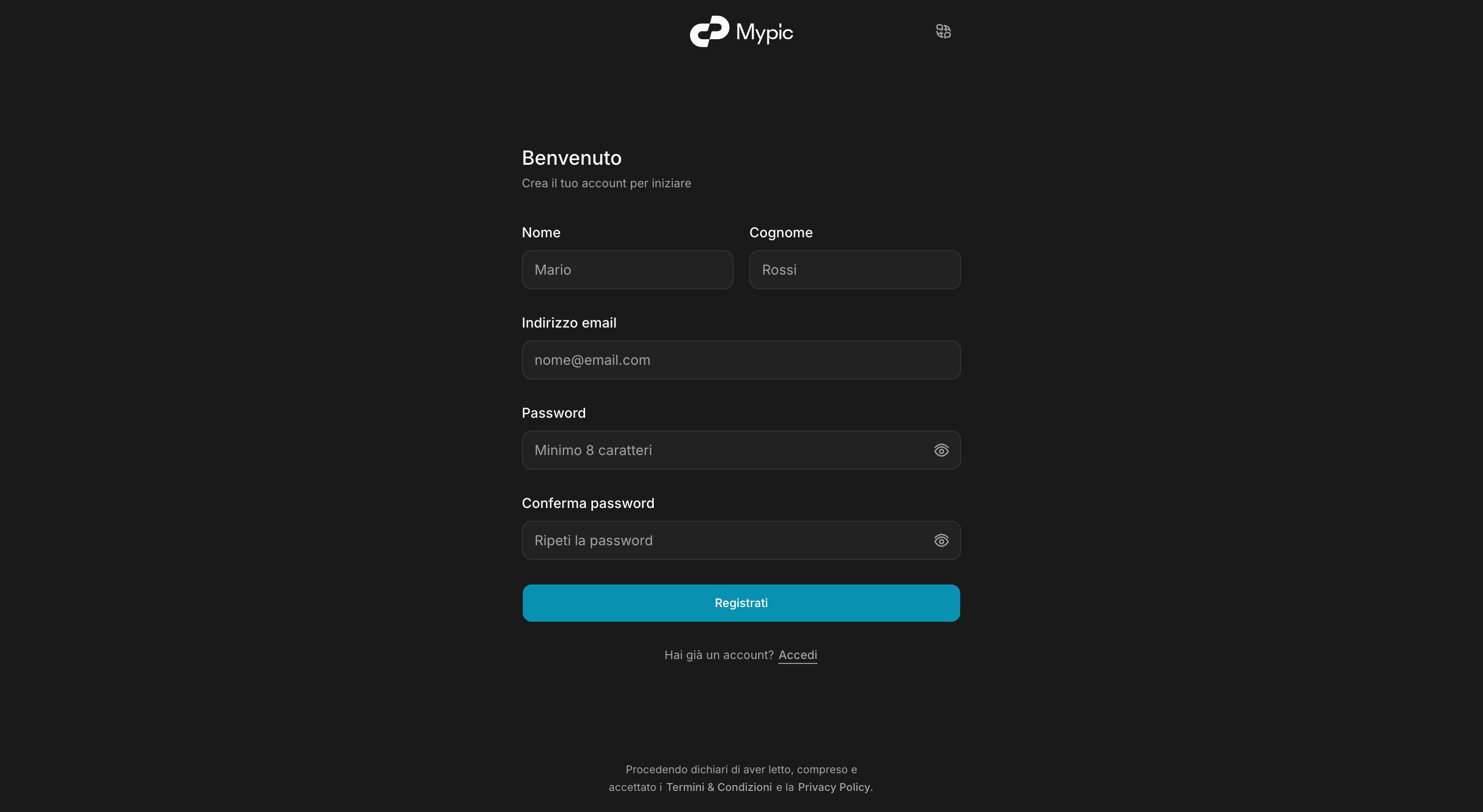 Pagina di registrazione Mypic