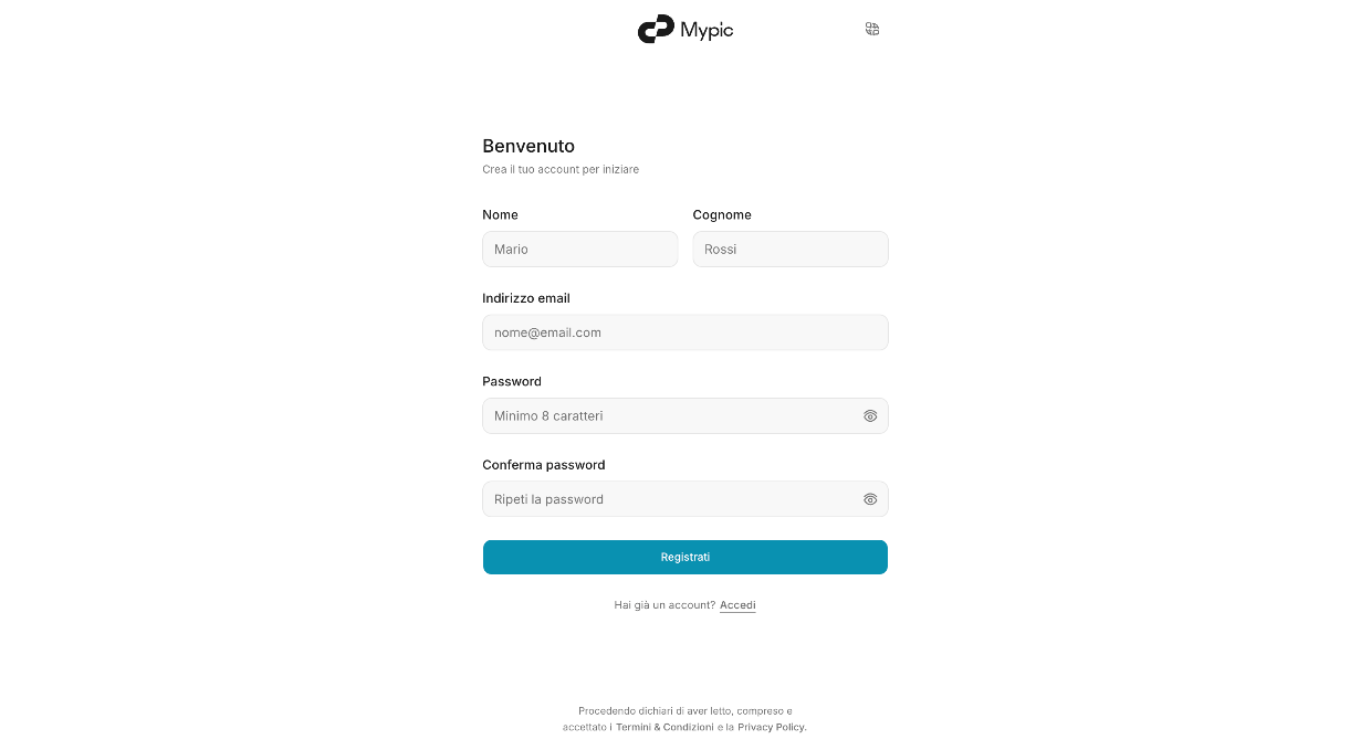 Pagina di registrazione Mypic